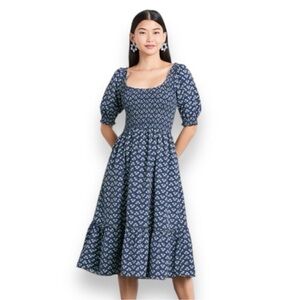 Hill House The Louisa Nap Dress Blue Posy Navy Crepe Floral Puff Sleeve Dress